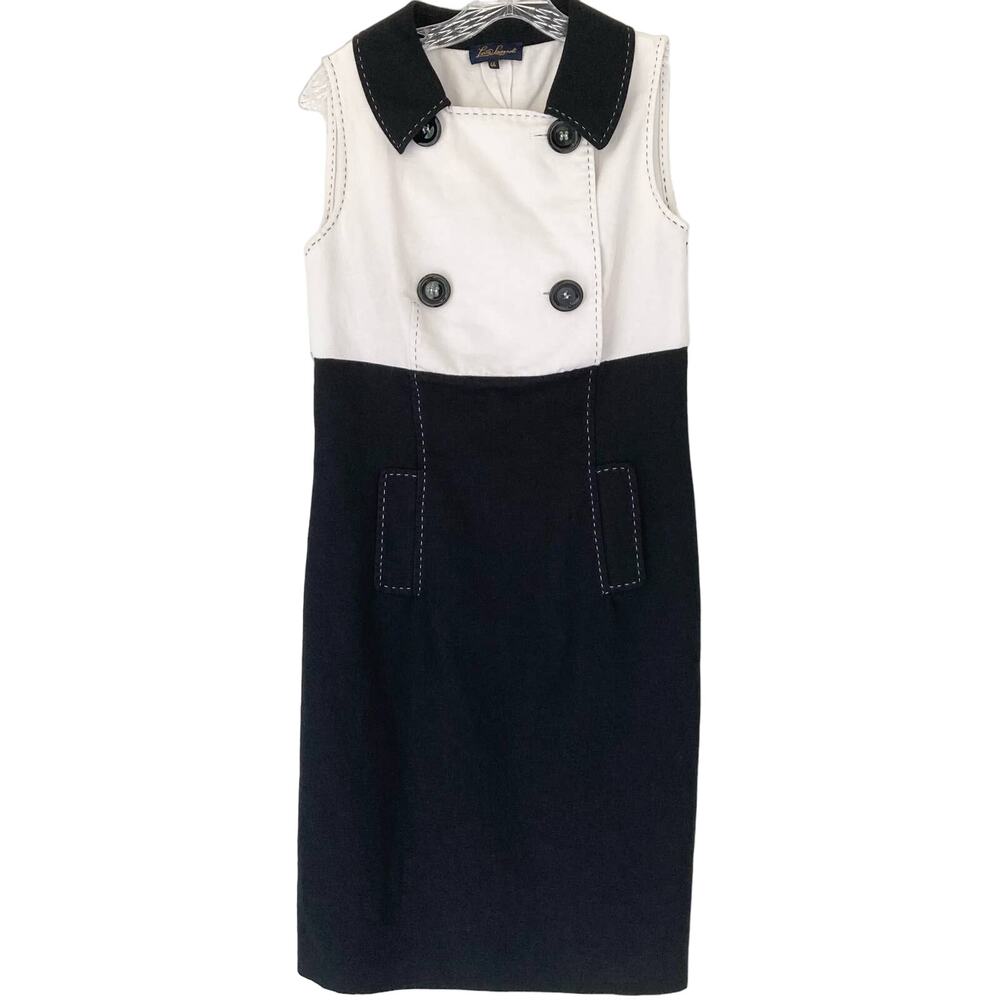 NWOT LUISA SPAGNOLI Dress 44~M White Black Stitch 4-Big-Button Colorblock Pocket